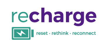 recharge logo, the name recharge, a battery with a lightning bolt a la device charging icon and the words, reset, rethink, reconnect